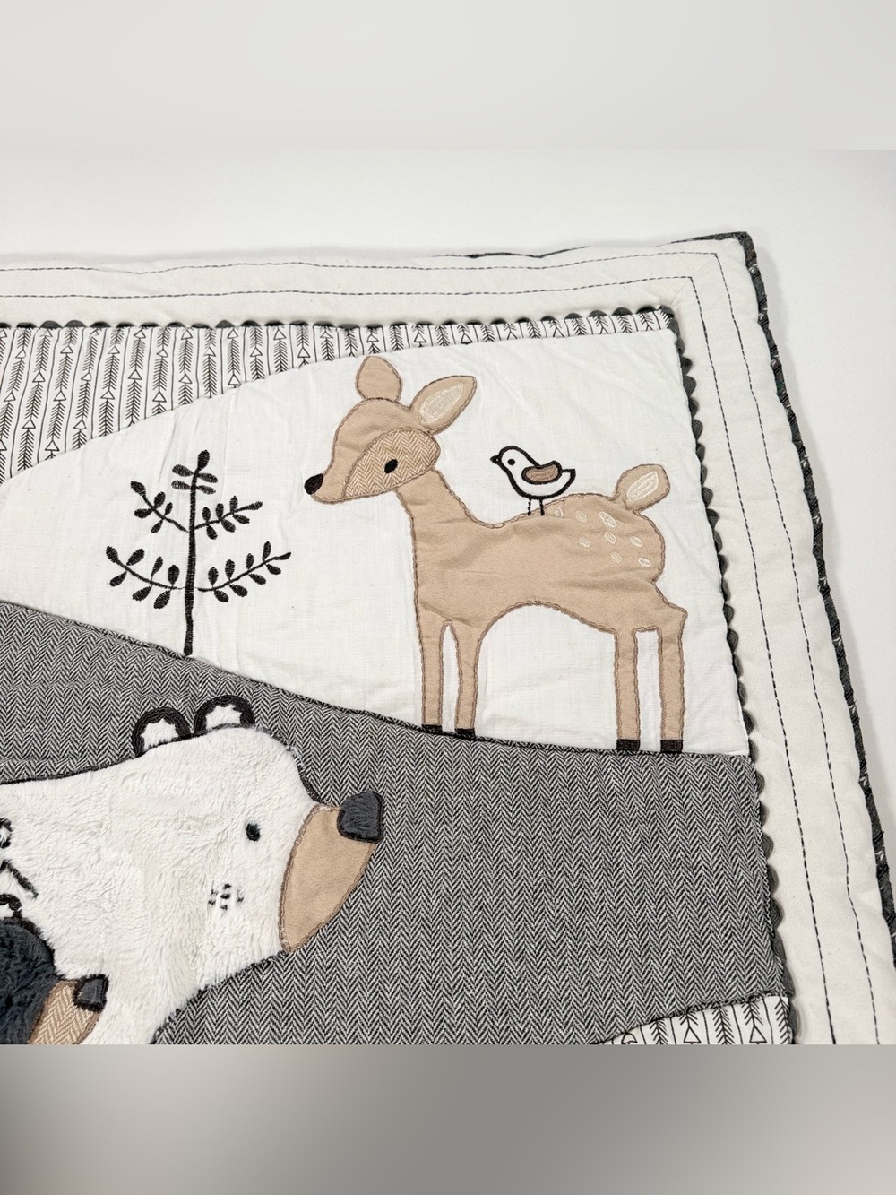 Levtex Baby Bailey Woodland Crib Quilt Blanket Bear Fox Deer Grey White Nursery - Picture 2 of 8